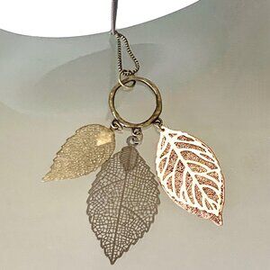 34" Long Box Chain Necklace Four Leaves Different Colors Textures Leaf Pendant